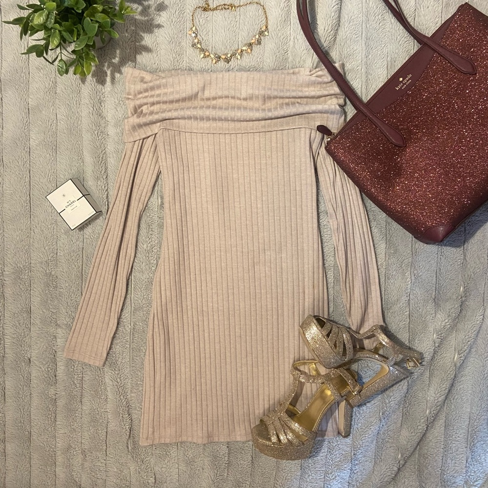 Urban Outfitters Cream Ribbed Off the Shoulder Dress